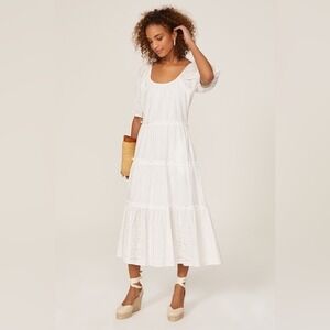 Fifteen Twenty XL White Eyelet Puff Sleeve Tiered Midi Dress‎ Women's